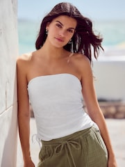 White Ruched Tie Detail 100% Cotton Boobtube Top - Image 1 of 8
