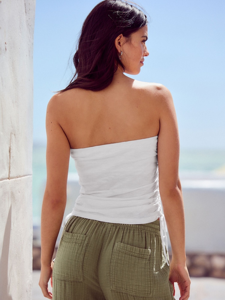 White Ruched Tie Detail 100% Cotton Boobtube Top - Image 5 of 8