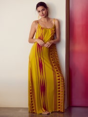 Yellow/ Pink Pattern Maxi Length Trapeze Shape Ruched Neckline Thin Vest Strap Dress - Image 1 of 3