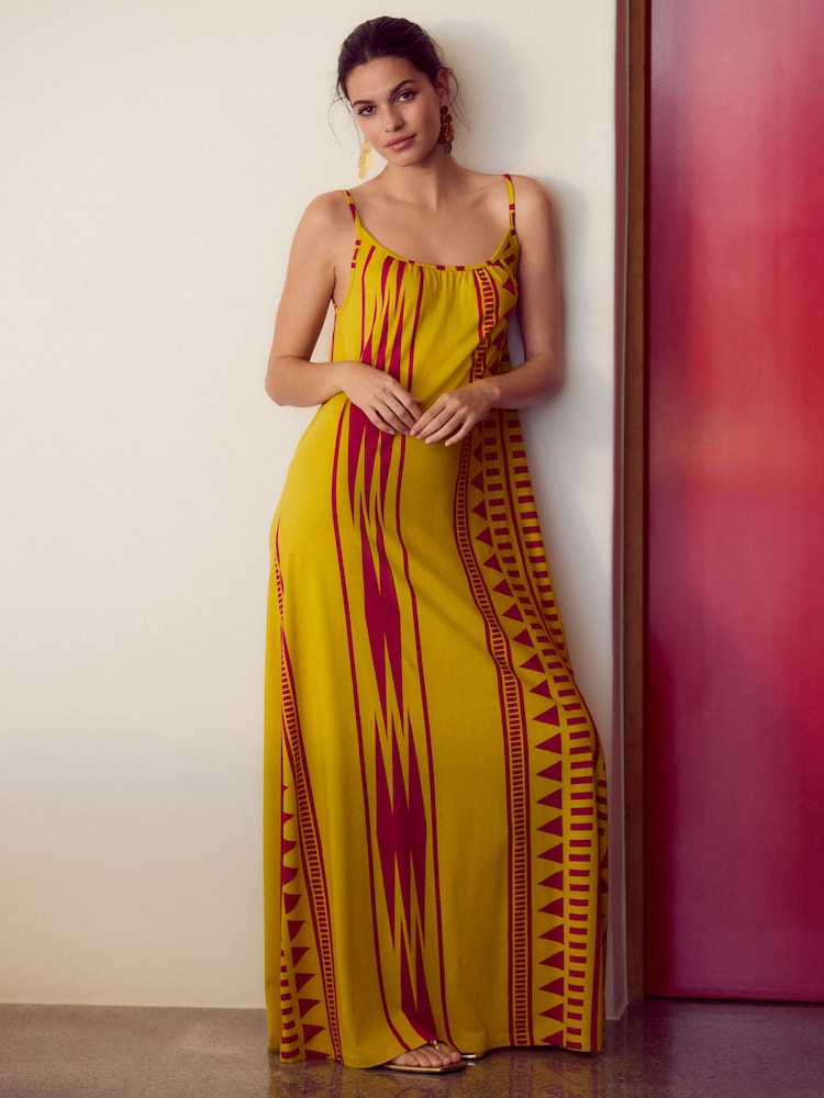Yellow/ Pink Pattern Maxi Length Trapeze Shape Ruched Neckline Thin Vest Strap Dress - Image 1 of 3