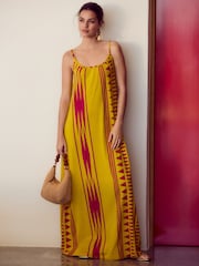 Yellow/ Pink Pattern Maxi Length Trapeze Shape Ruched Neckline Thin Vest Strap Dress - Image 2 of 3