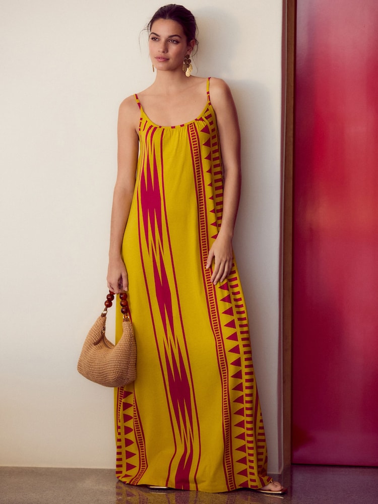 Yellow/ Pink Pattern Maxi Length Trapeze Shape Ruched Neckline Thin Vest Strap Dress - Image 2 of 3