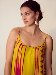 Yellow/ Pink Pattern Maxi Length Trapeze Shape Ruched Neckline Thin Vest Strap Dress - Image 3 of 3