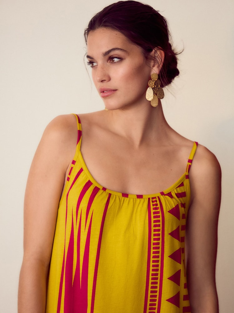 Yellow/ Pink Pattern Maxi Length Trapeze Shape Ruched Neckline Thin Vest Strap Dress - Image 3 of 3