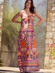 Abstract Floral Maxi Length Trapeze Shape Ruched Neckline Thin Vest Strap Dress - Image 1 of 4