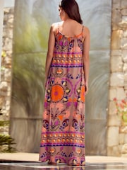 Abstract Floral Maxi Length Trapeze Shape Ruched Neckline Thin Vest Strap Dress - Image 3 of 4