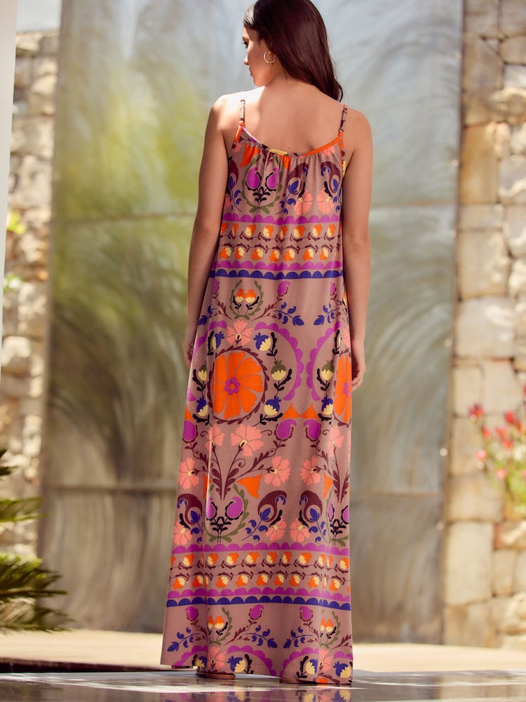 Abstract Floral Maxi Length Trapeze Shape Ruched Neckline Thin Vest Strap Dress - Image 3 of 4