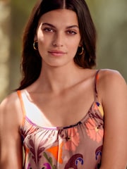 Abstract Floral Maxi Length Trapeze Shape Ruched Neckline Thin Vest Strap Dress - Image 4 of 4