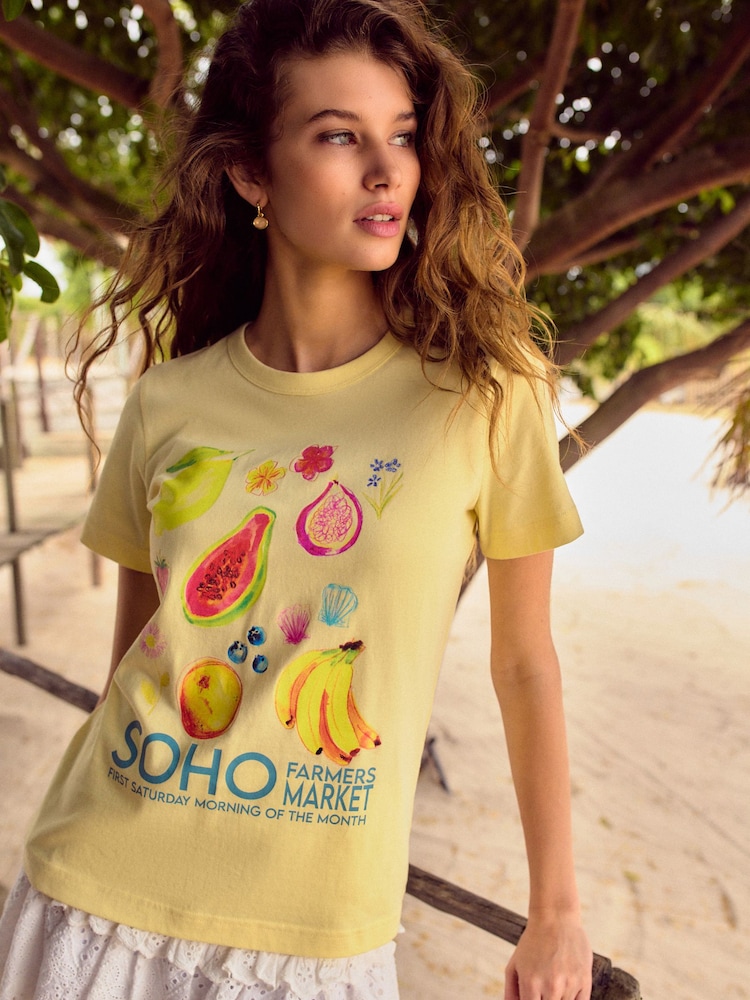 Butter Yellow Soho Farmer's Market Fruit Graphic Essential Pure Cotton Short Sleeve Crew Neck T-Shirt - Image 1 of 4