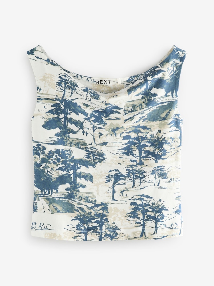 Ecru/ Blue Scenic Print Open Neck Vest - Image 5 of 7