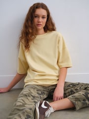 Buttermilk Yellow 100% Cotton Relaxed Fit Heavyweight Longline Crew Neck T-Shirt - Image 1 of 4