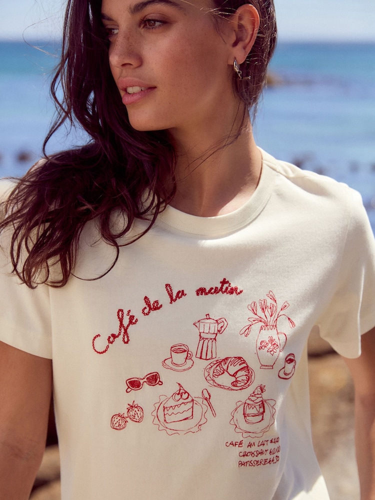 Estampado gráfico de café en crudo - Camiseta básica de algodón puro y manga corta con cuello redondo - Imagen 1 de 8 Estampado gráfico de café en crudo - Camiseta básica de algodón puro y manga corta con cuello redondo - Imagen 1 de 8