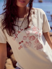 Graphic Ecru Cafe Print Essential Pure Cotton Short Sleeve Crew Neck T-Shirt - Image 5 of 8
