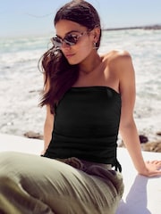 Black Ruched Tie Detail 100% Cotton Boobtube Top - Image 1 of 7
