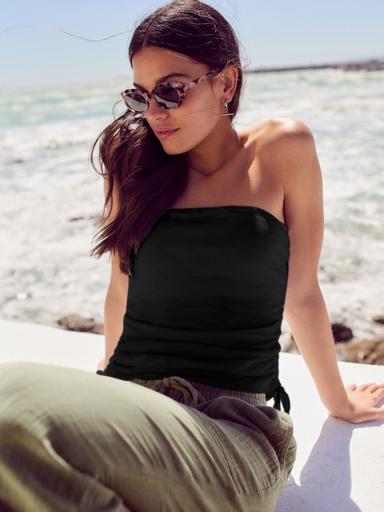 Black Ruched Tie Detail 100% Cotton Boobtube Top - Image 1 of 7
