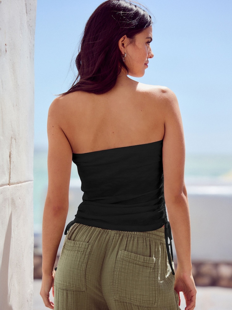 Black Ruched Tie Detail 100% Cotton Boobtube Top - Image 3 of 7