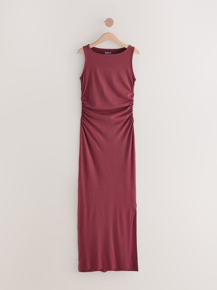 Oxblood Side Seam Ruched Detail Maxi Length Sleeveless Dress - Image 1 of 3