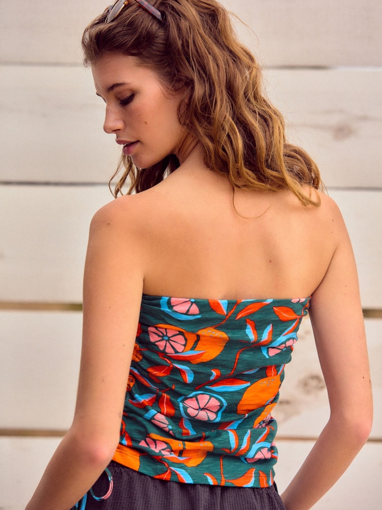 Green Lemon Print Ruched Tie Detail 100% Cotton Boobtube Top - Image 2 of 7