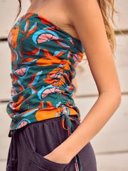 Green Lemon Print Ruched Tie Detail 100% Cotton Boobtube Top - Image 4 of 7
