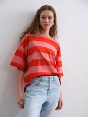 Red/Pink Oversized Relaxed Fit Boxy Heavyweight Crew Neck T-Shirt - Image 1 of 7