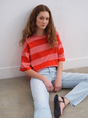 Red/Pink Oversized Relaxed Fit Boxy Heavyweight Crew Neck T-Shirt - Image 2 of 7