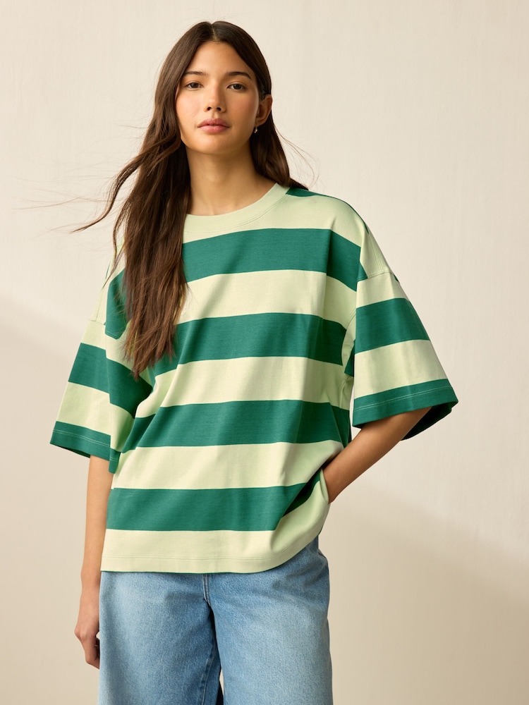 Green Monochrome Oversized Relaxed Fit Boxy Heavyweight Crew Neck T-Shirt - Image 1 of 8