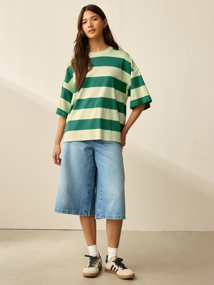 Green Monochrome Oversized Relaxed Fit Boxy Heavyweight Crew Neck T-Shirt - Image 2 of 8