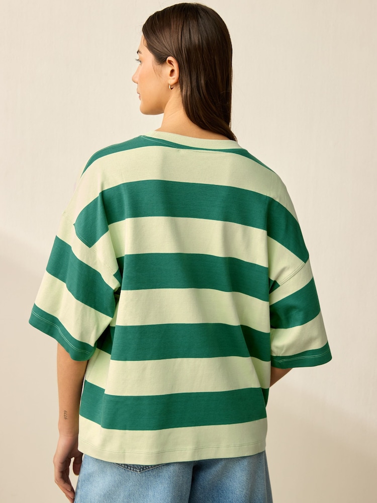 Green Monochrome Oversized Relaxed Fit Boxy Heavyweight Crew Neck T-Shirt - Image 4 of 8