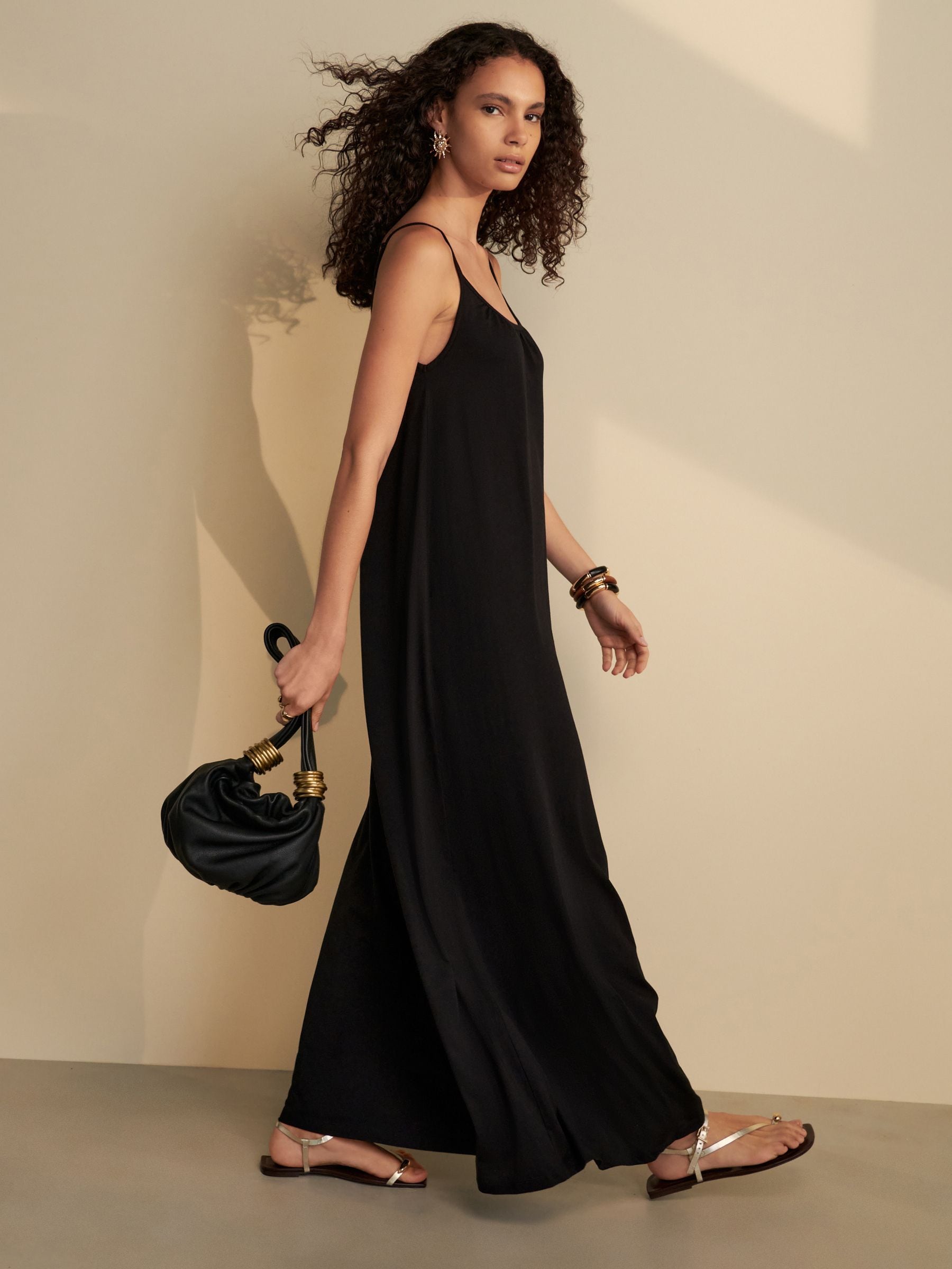 Buy Black Maxi Length Trapeze Shape Ruched Neckline Thin