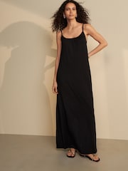 Black Maxi Length Trapeze Shape Ruched Neckline Thin Vest Strap Dress - Image 2 of 6