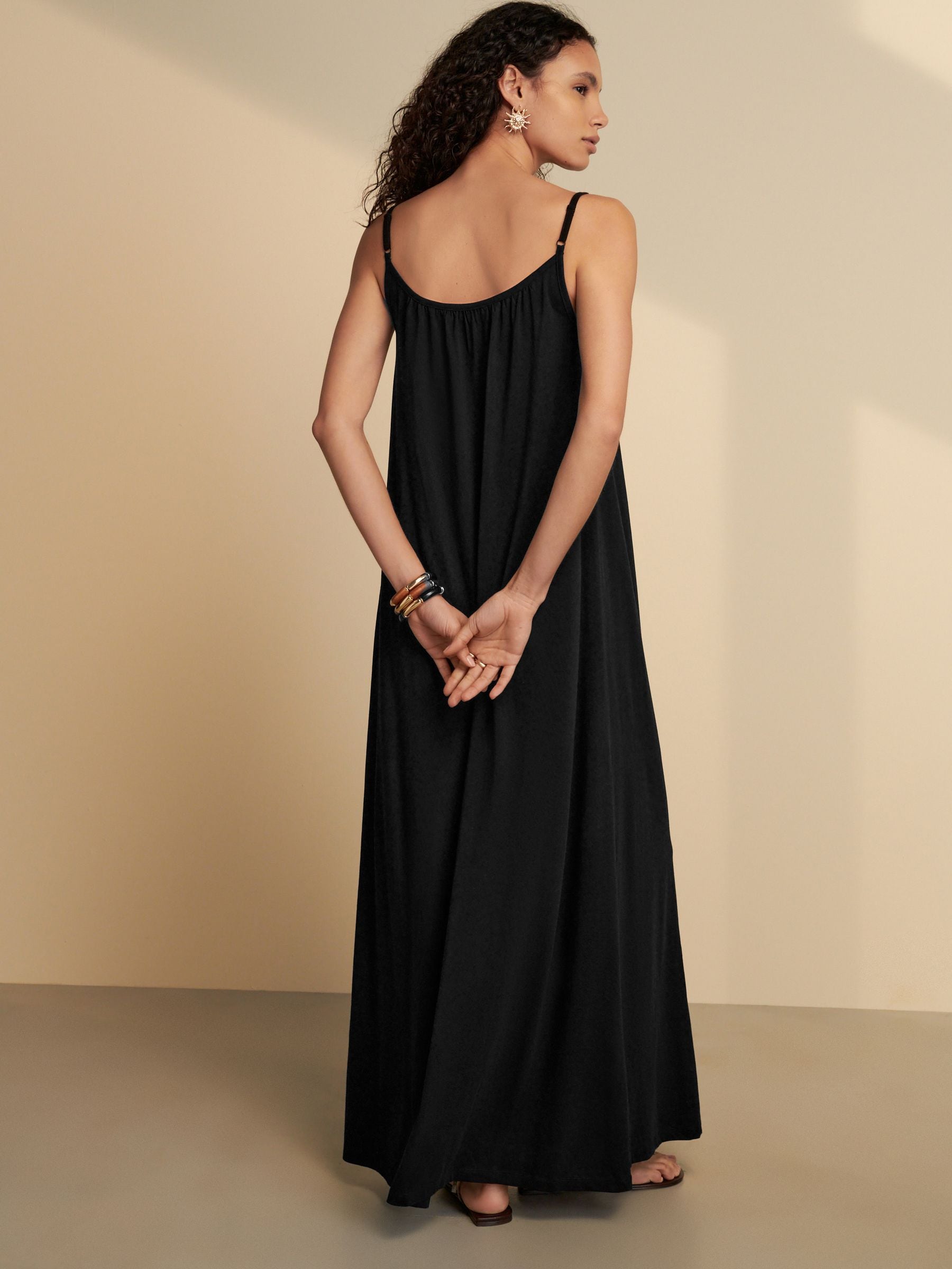 Buy Black Maxi Length Trapeze Shape Ruched Neckline Thin Vest