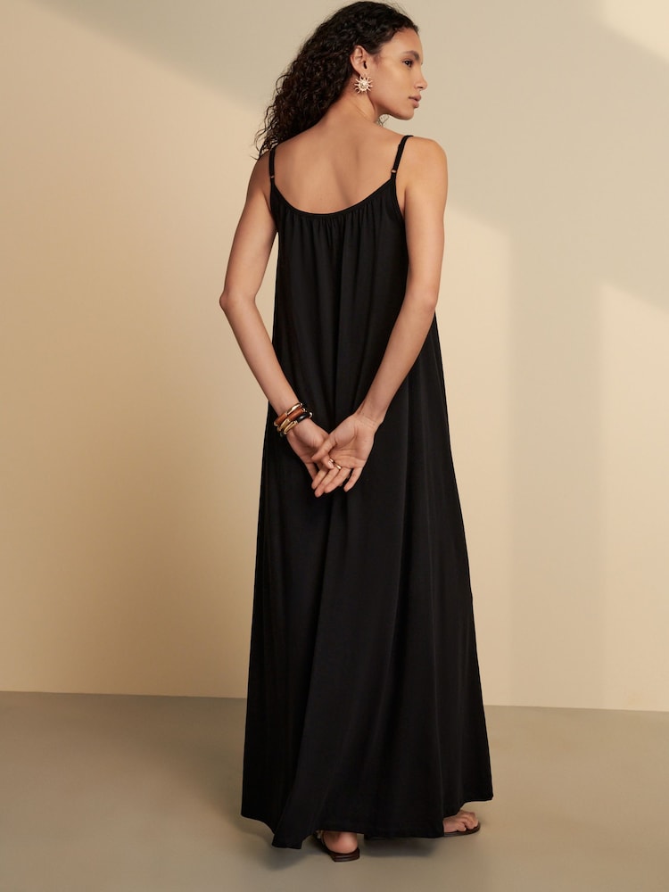 Black Maxi Length Trapeze Shape Ruched Neckline Thin Vest Strap Dress - Image 3 of 6