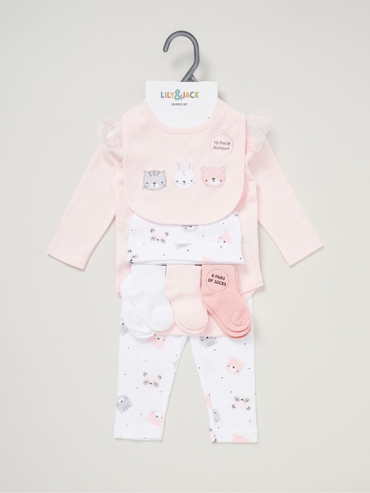 Lily & Jack Baby Bodysuit Hat Trousers 100% Cotton Bib and Socks Gift Set 10 Piece - Image 2 of 6 Lily & Jack Baby Bodysuit Hat Trousers 100% Cotton Bib and Socks Gift Set 10 Piece - Image 2 of 6