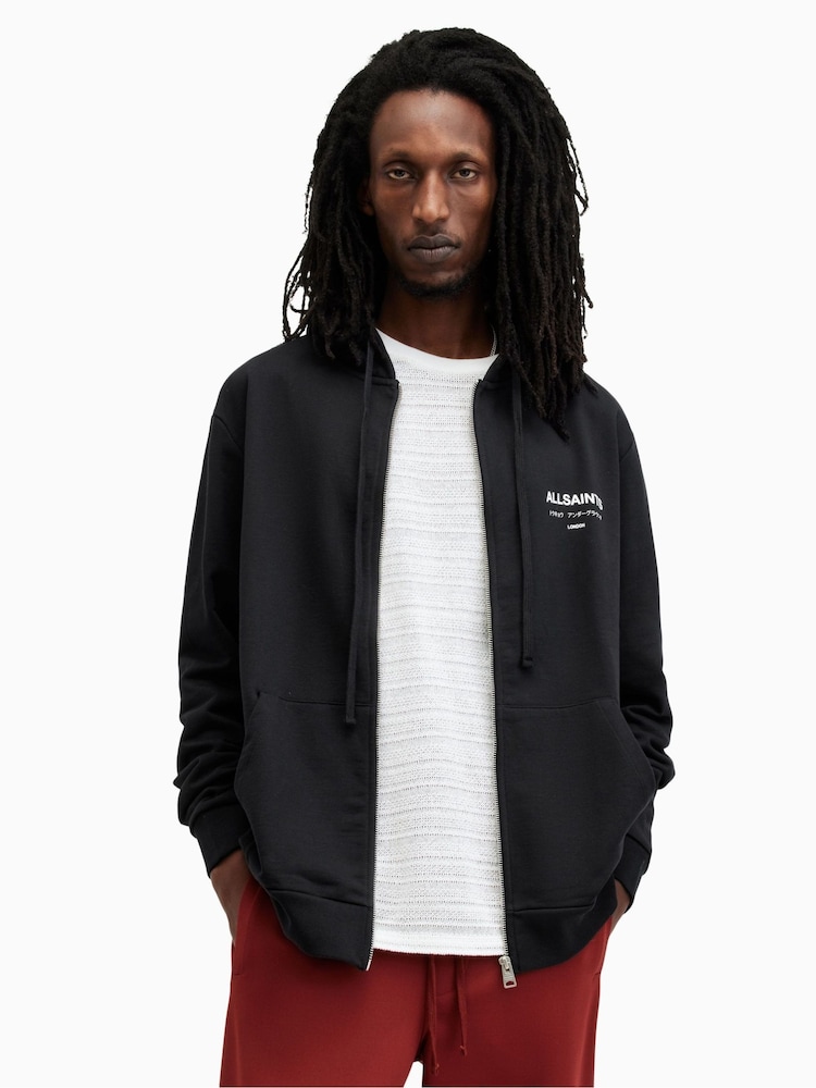 AllSaints Black Underground Zip 100% Cotton Hoodie - Image 1 of 8