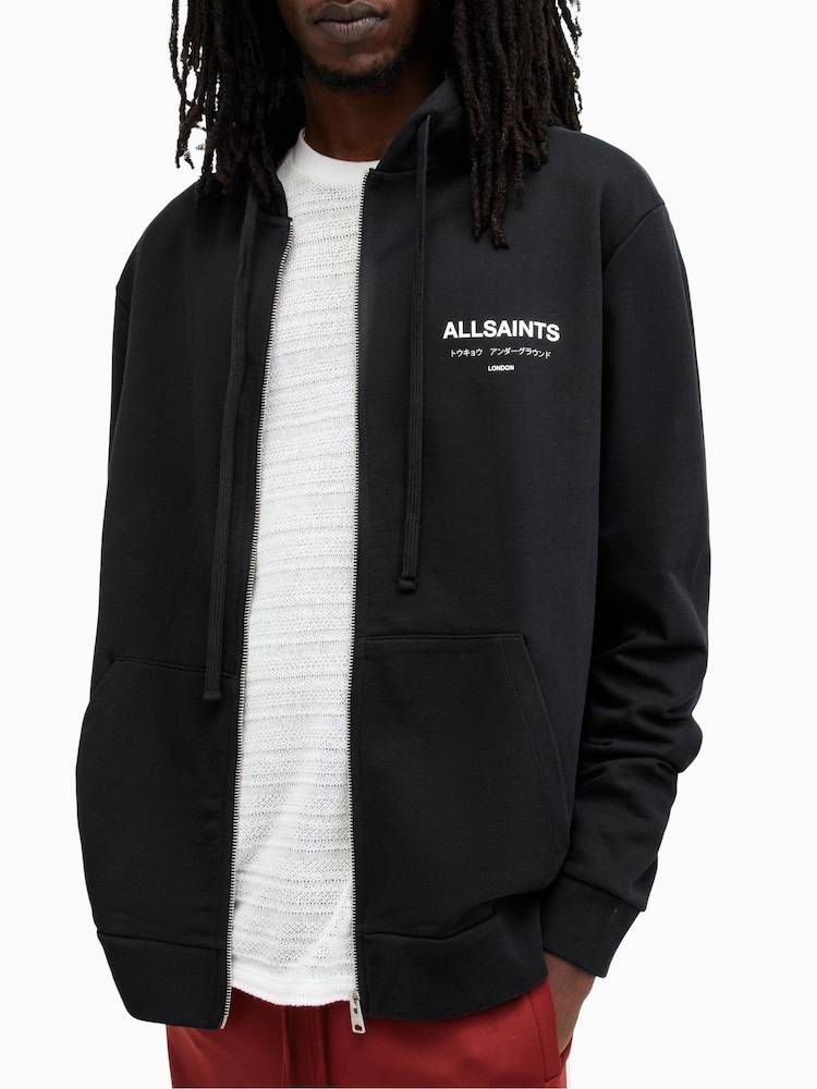 AllSaints Black Underground Zip 100% Cotton Hoodie - Image 4 of 8