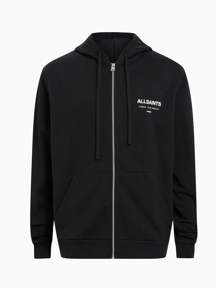 AllSaints Black Underground Zip 100% Cotton Hoodie - Image 8 of 8