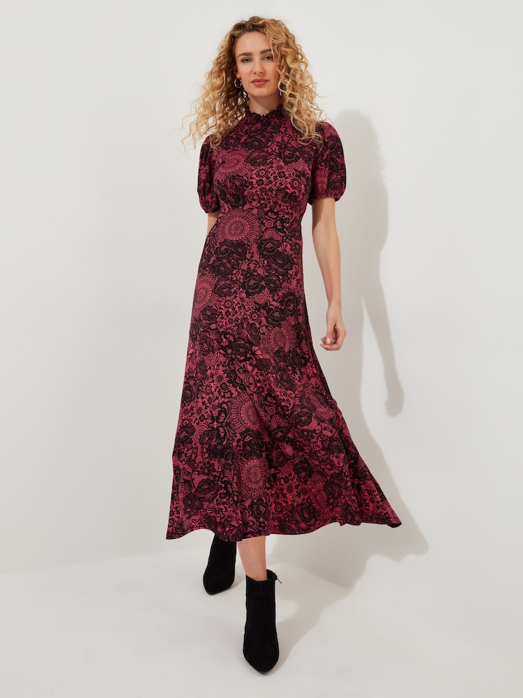 Joe Browns Pink Petite Vintage Lace Print Puff Sleeve High Neck Jersey Midi Dress - Image 1 of 5
