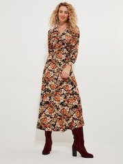 Joe Browns Brown Petite Autumnal Floral V-Neck Jersey Midi Dress - Image 1 of 5