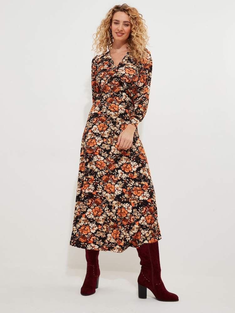 Joe Browns Brown Petite Autumnal Floral V-Neck Jersey Midi Dress - Image 1 of 5