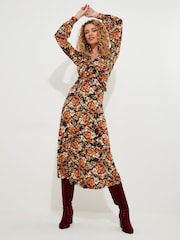 Joe Browns Brown Petite Autumnal Floral V-Neck Jersey Midi Dress - Image 2 of 5