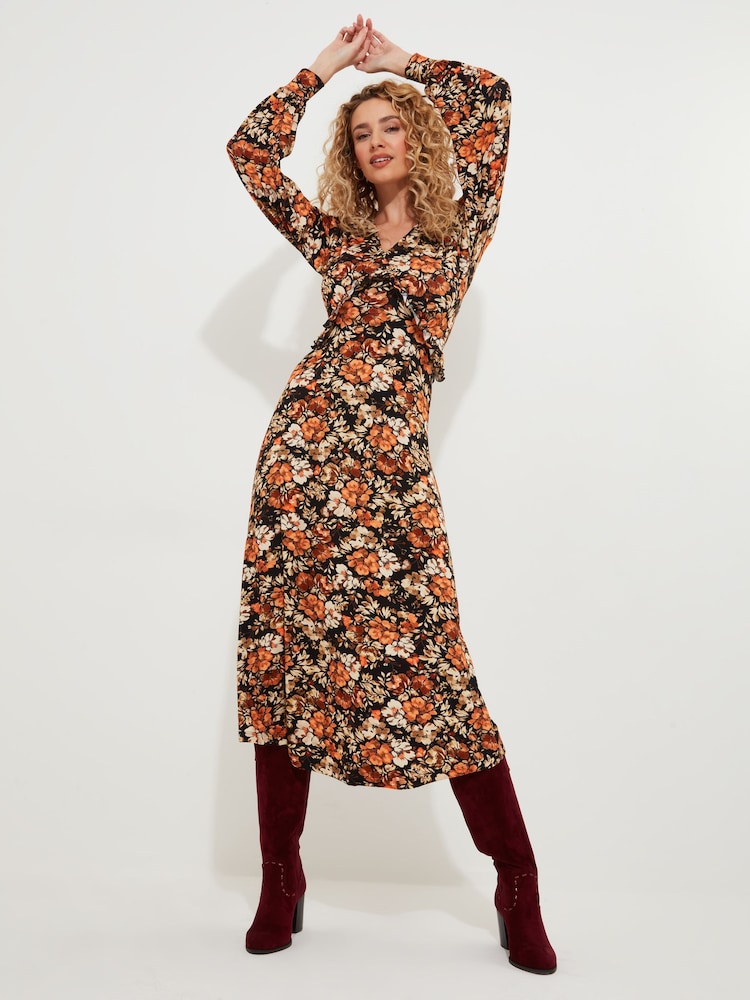 Joe Browns Brown Petite Autumnal Floral V-Neck Jersey Midi Dress - Image 2 of 5