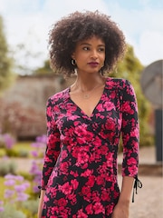 Joe Browns Pink Petite Ruched Tie Sleeve Floral Wrap Dress - Image 1 of 7