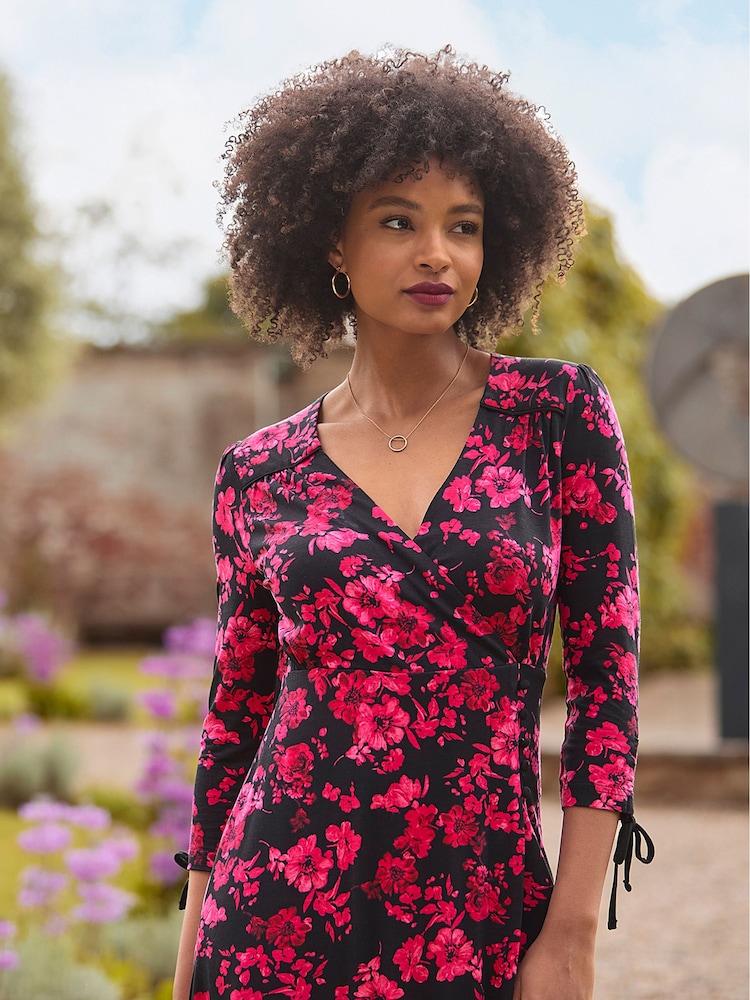 Joe Browns Pink Petite Ruched Tie Sleeve Floral Wrap Dress - Image 1 of 7