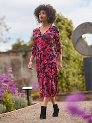 Joe Browns Pink Petite Ruched Tie Sleeve Floral Wrap Dress - Image 2 of 7