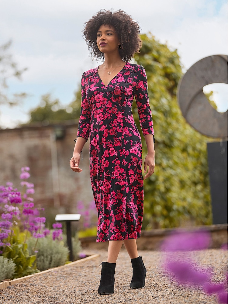 Joe Browns Pink Petite Ruched Tie Sleeve Floral Wrap Dress - Image 2 of 7