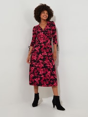Joe Browns Pink Petite Ruched Tie Sleeve Floral Wrap Dress - Image 4 of 7