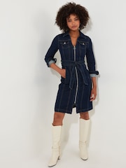 Joe Browns Blue Petite Vintage Zip Front Tie Waist Stretch Denim Dress - Image 1 of 5