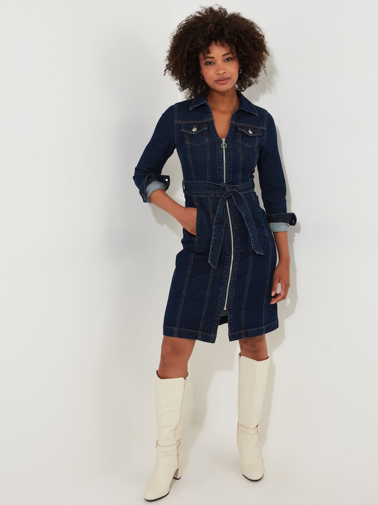 Joe Browns Blue Petite Vintage Zip Front Tie Waist Stretch Denim Dress - Image 1 of 5