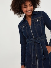 Joe Browns Blue Petite Vintage Zip Front Tie Waist Stretch Denim Dress - Image 2 of 5