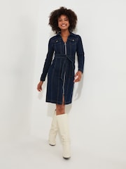 Joe Browns Blue Petite Vintage Zip Front Tie Waist Stretch Denim Dress - Image 3 of 5